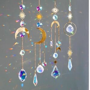 Boho Suncatchers (4) pieces Gold, Crystal Moon and Star windows garden indoor